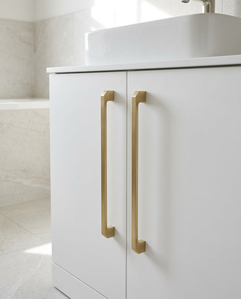 Rowan Furniture Handles, brushed brass in a bright modern bathroom
