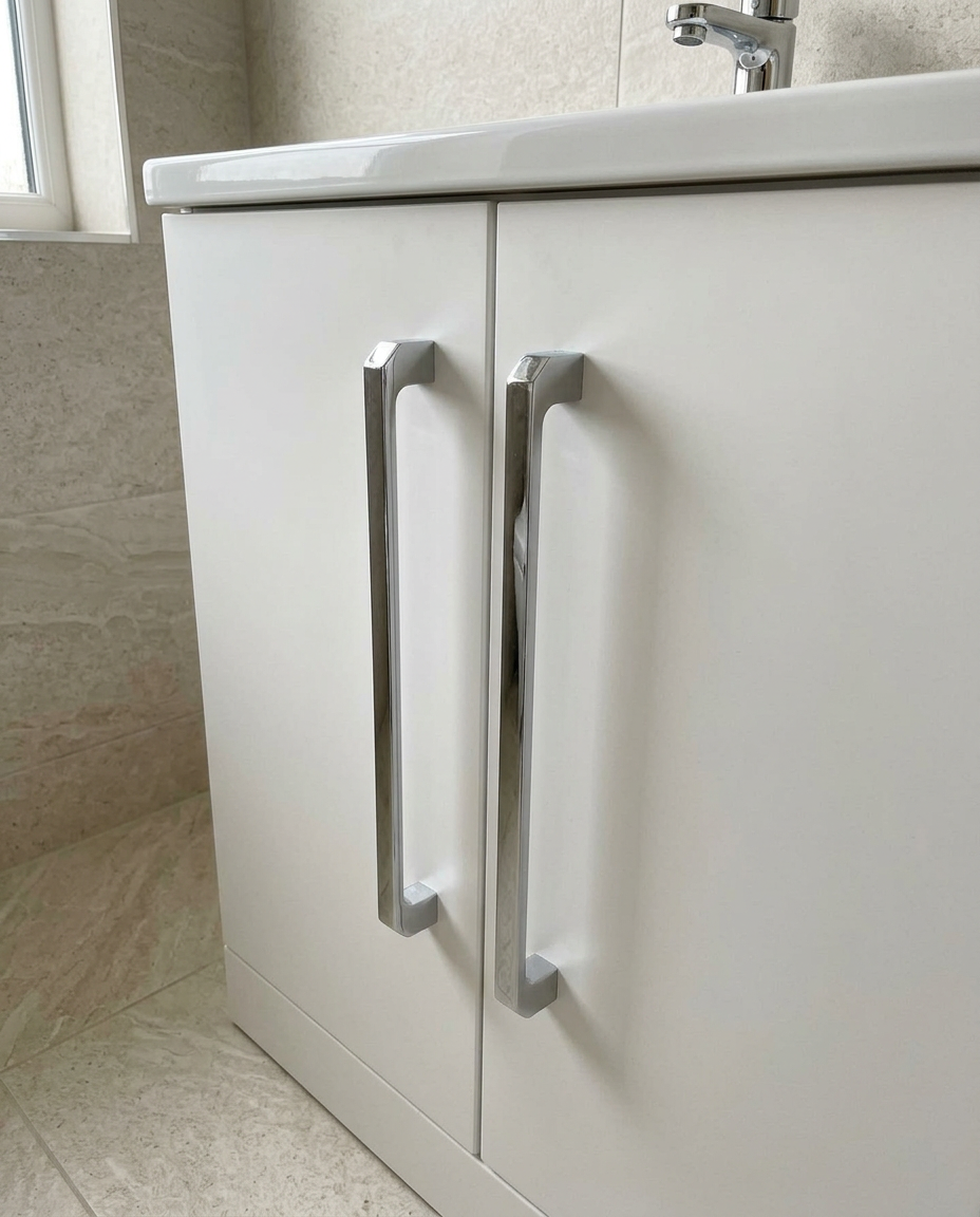 Rowan Furniture Handles, chrome in a bright modern bathroom