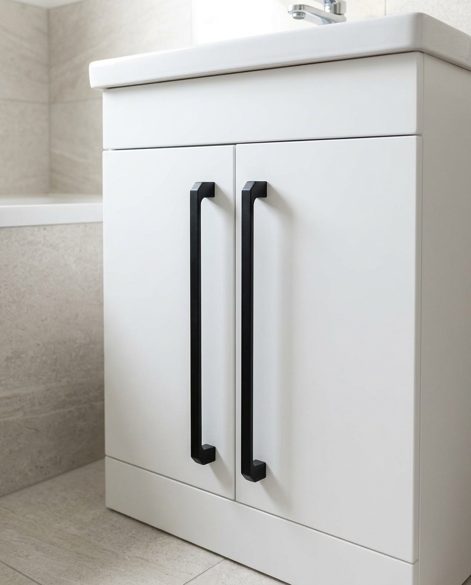 Rowan Furniture Handles, matt black in a bright modern bathroom
