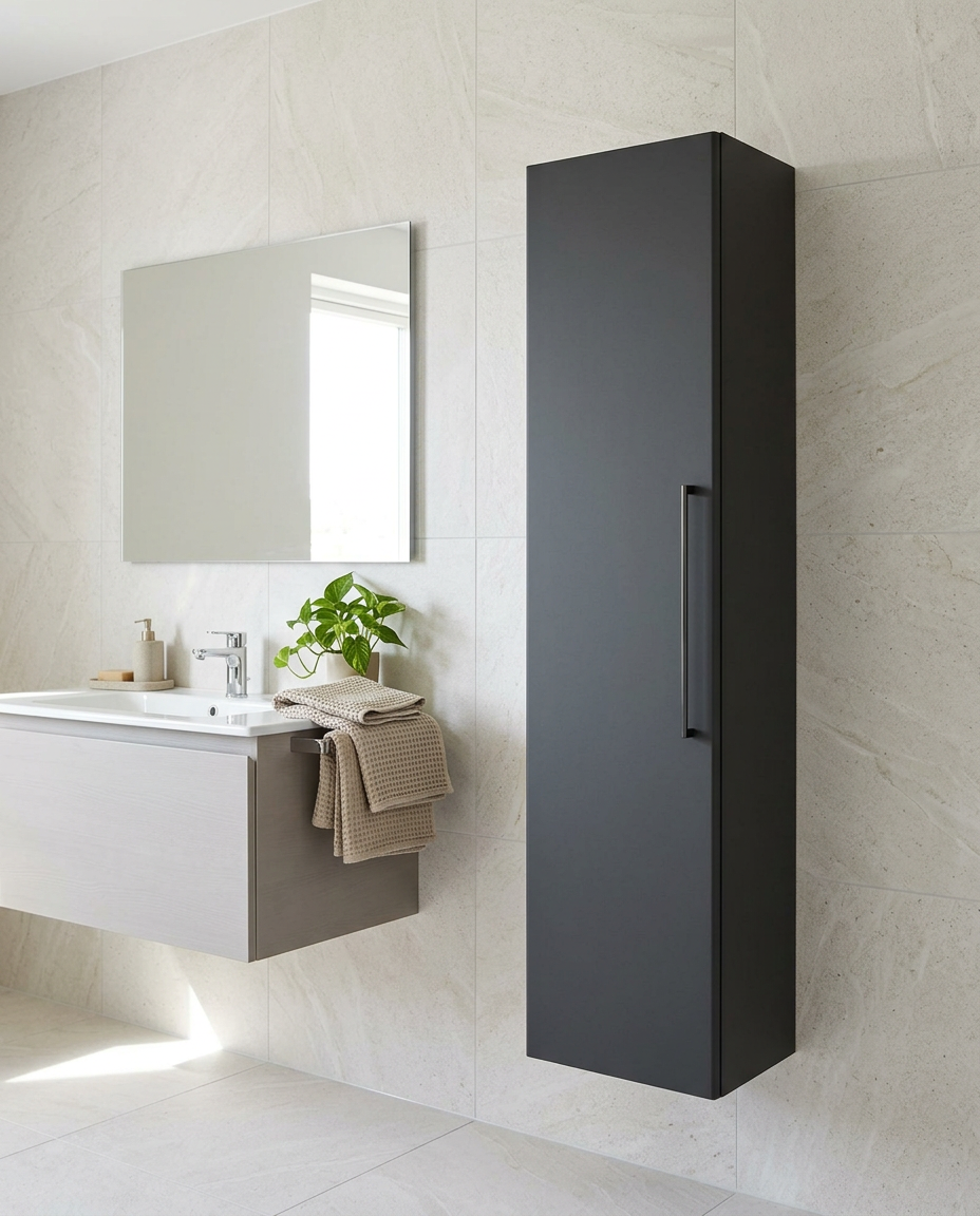 Rowan Wall Mounted Tall Unit, matt anthracite in a bright modern bathroom