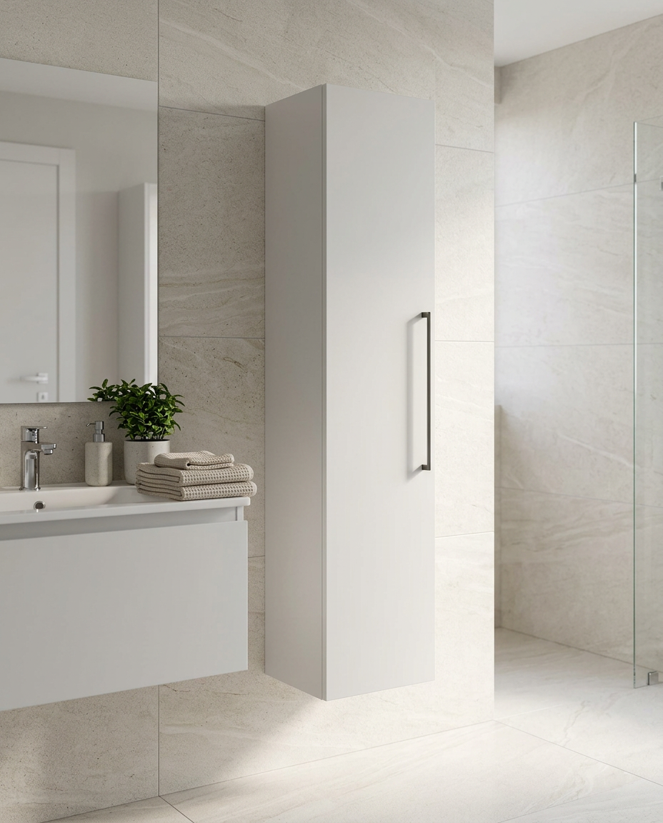 Rowan Wall Mounted Tall Unit, matt white in a bright modern bathroom