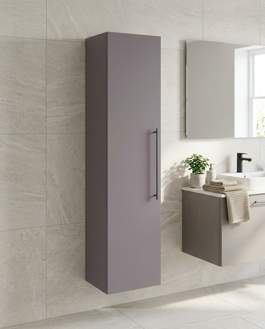 Rowan Wall Mounted Tall Unit, slate grey in a bright modern bathroom