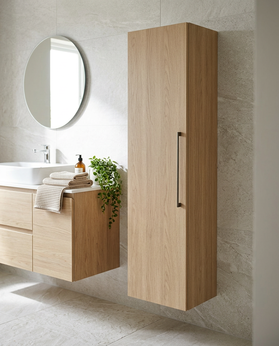 Rowan Wall Mounted Tall Unit, torro oak in a bright modern bathroom