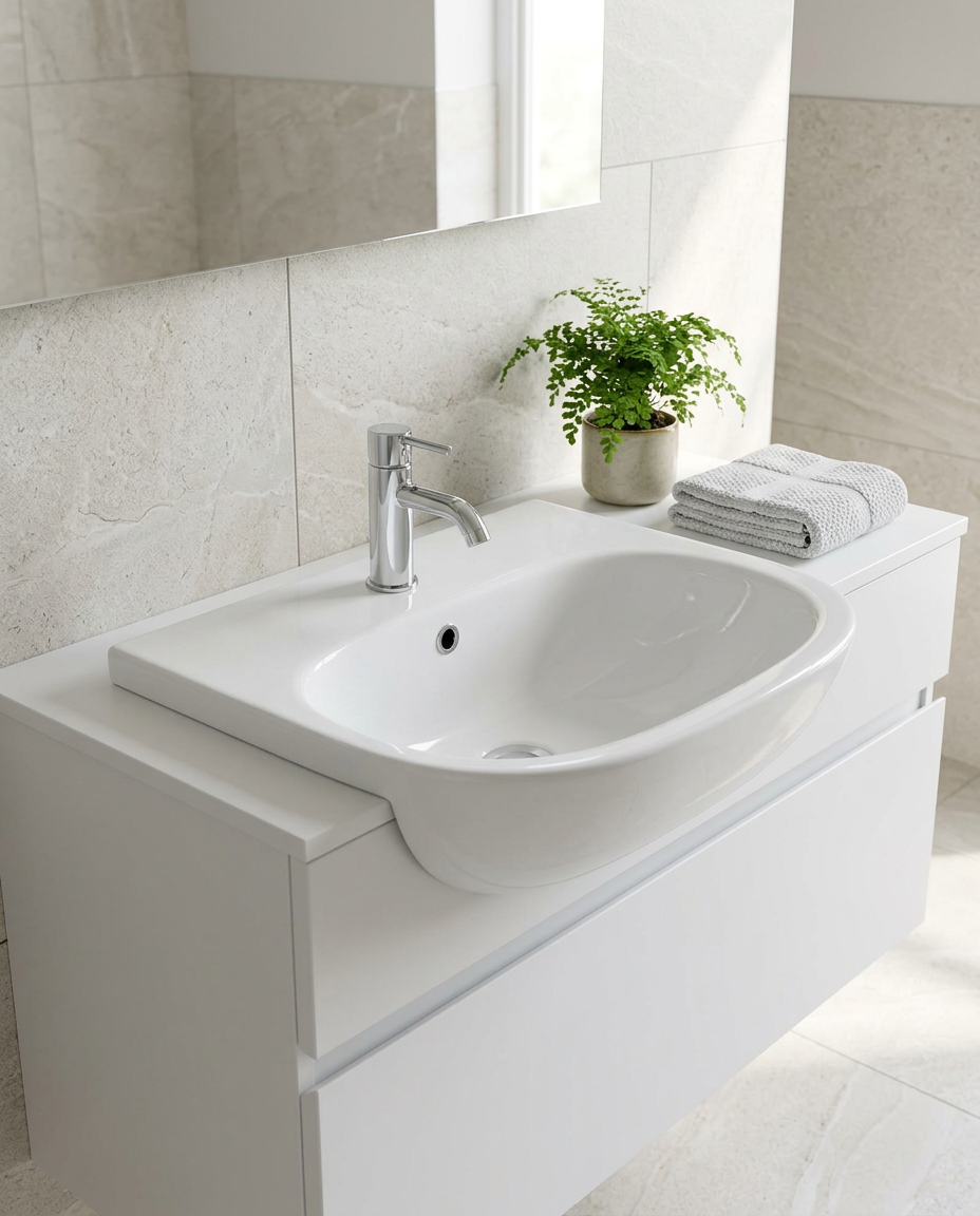Savora Semi-Recessed Basin in a bright modern bathroom