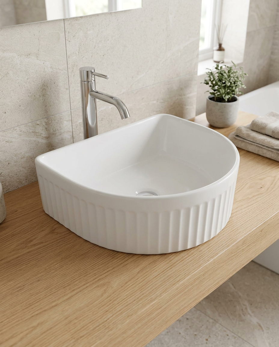Scriba D-Shaped Countertop Basin in a bright modern bathroom
