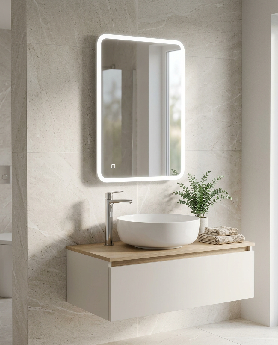 Selena LED Mirror with Shaver Socket in a bright modern bathroom