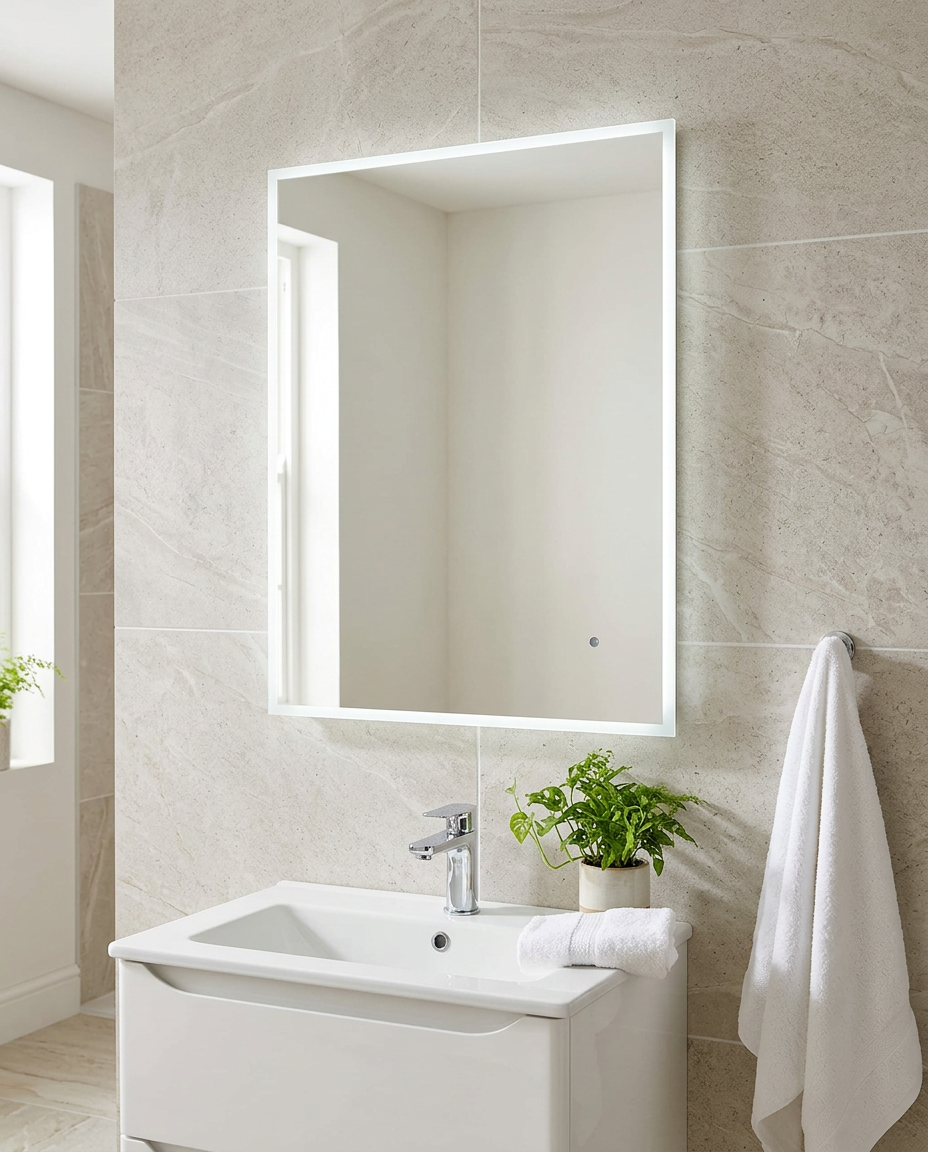 Selsey Frosted Edge LED Mirror in a bright modern bathroom