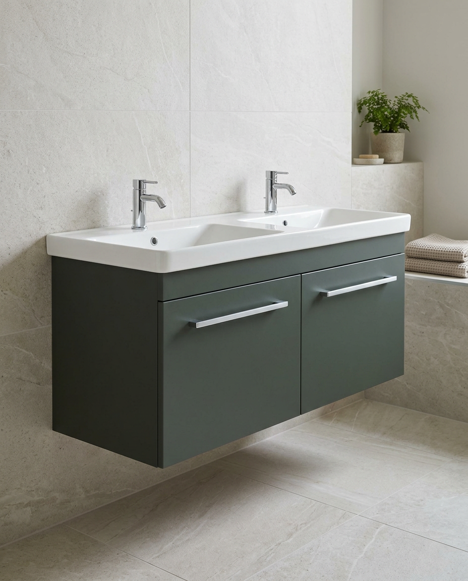 Sena Pro 1200mm Wall Hung Vanity Unit & Basin, 2 Drawers in a bright modern bathroom