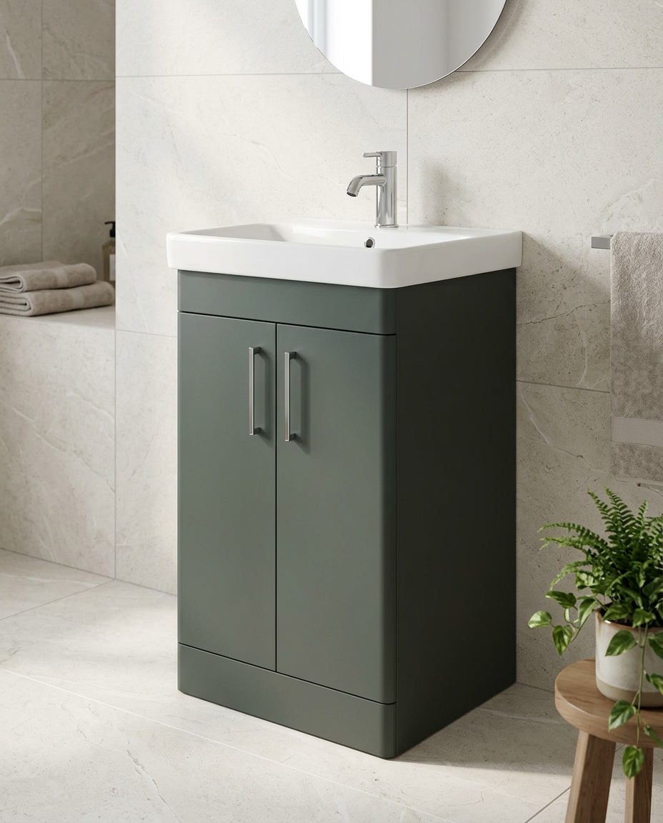 Sena Pro 500mm Floorstanding Vanity Unit & Basin, 2 Doors in a bright modern bathroom