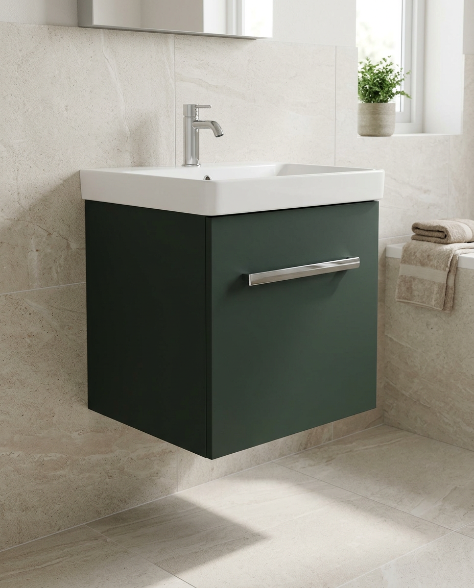 Sena Pro 500mm Wall Hung Vanity Unit & Basin, 1 Drawer in a bright modern bathroom