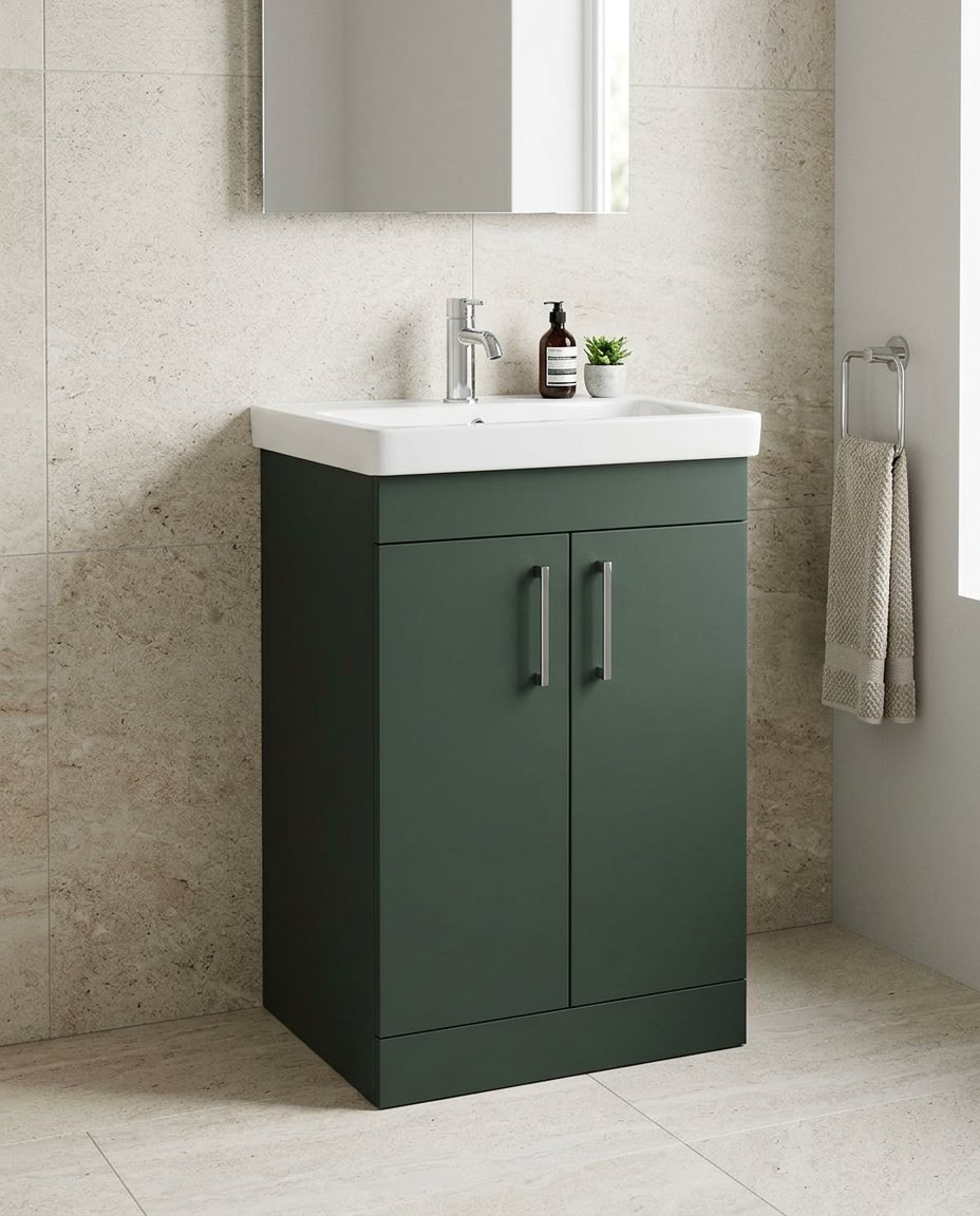Sena Pro 600mm Floorstanding Vanity Unit & Basin, 2 Doors in a bright modern bathroom