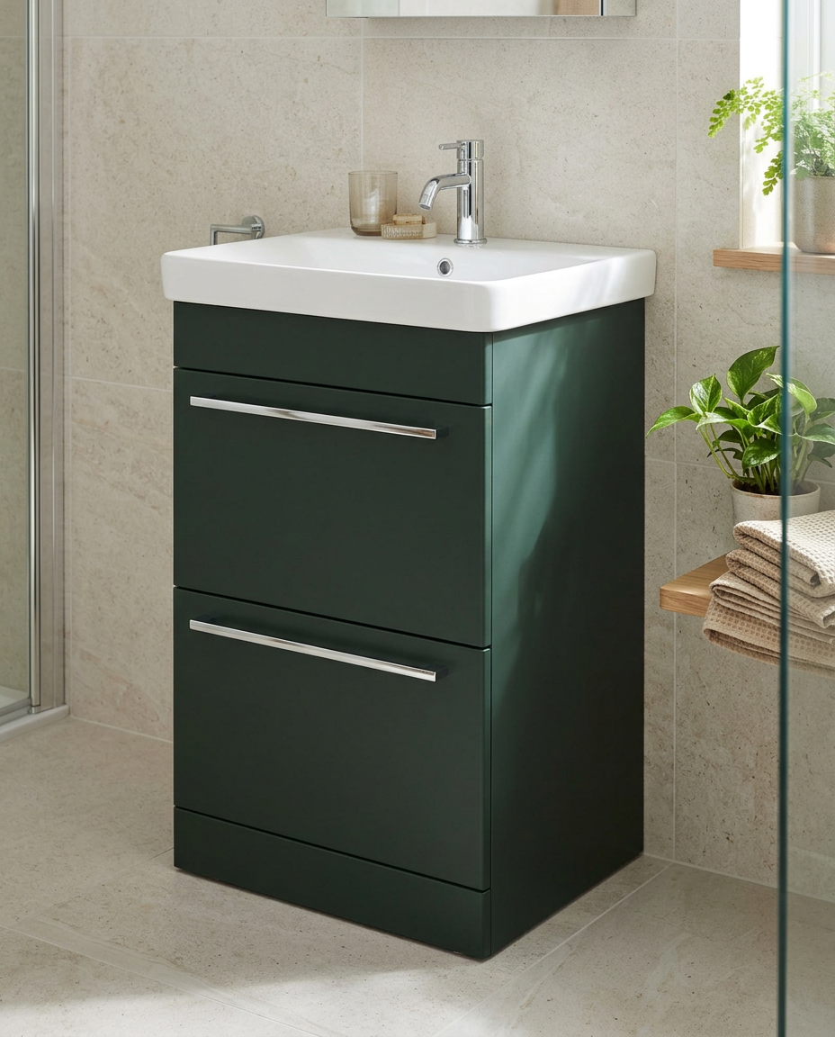 Sena Pro 600mm Floorstanding Vanity Unit & Basin, 2 Drawers in a bright modern bathroom