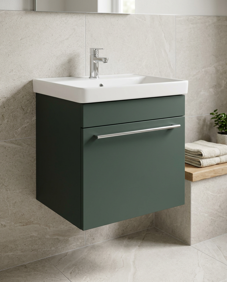 Sena Pro 600mm Wall Hung Vanity Unit & Basin, 1 Drawer in a bright modern bathroom