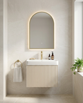 Serena Framed Arch LED Mirror in a bright modern bathroom