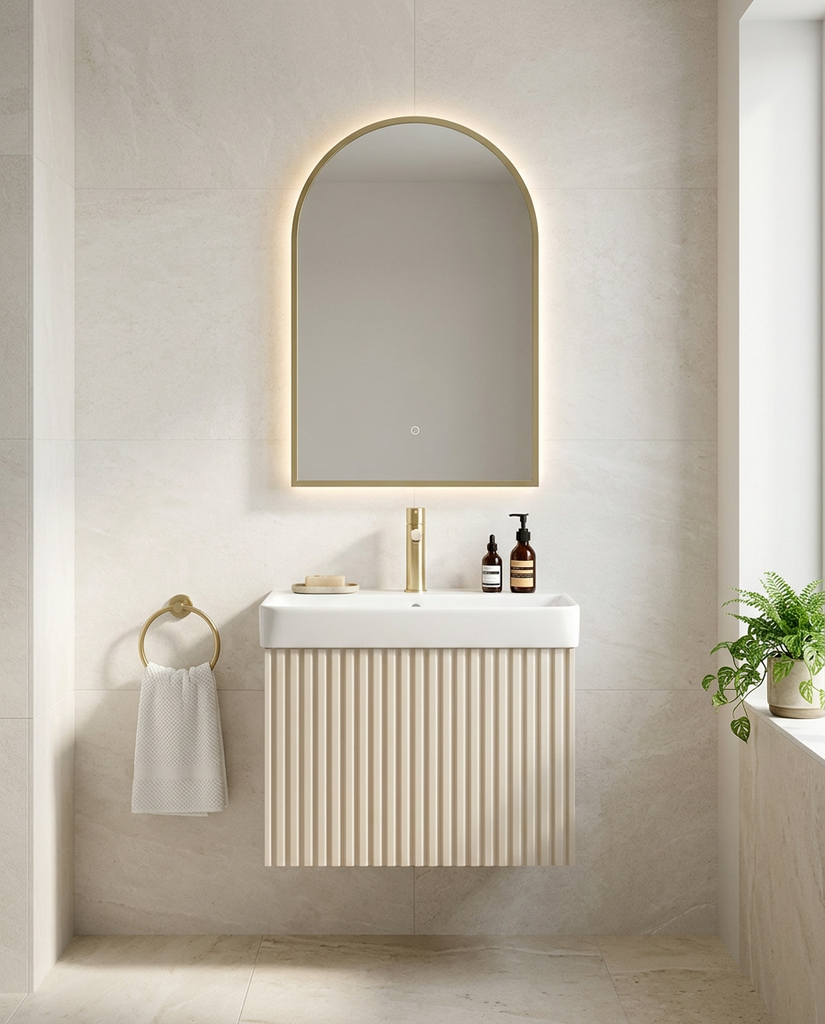 Serena Framed Arch LED Mirror in a bright modern bathroom