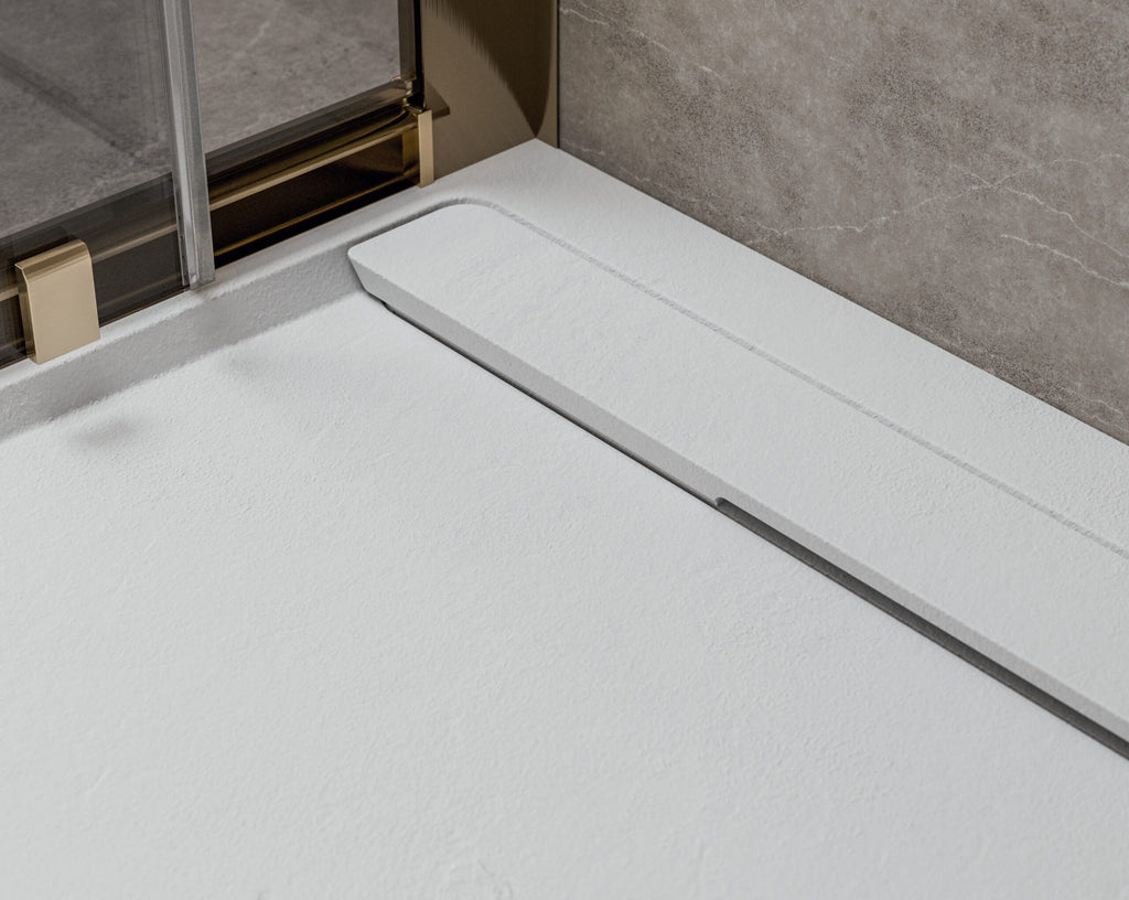 Serina slate-effect shower tray, close-up of the textured surface and hidden waste