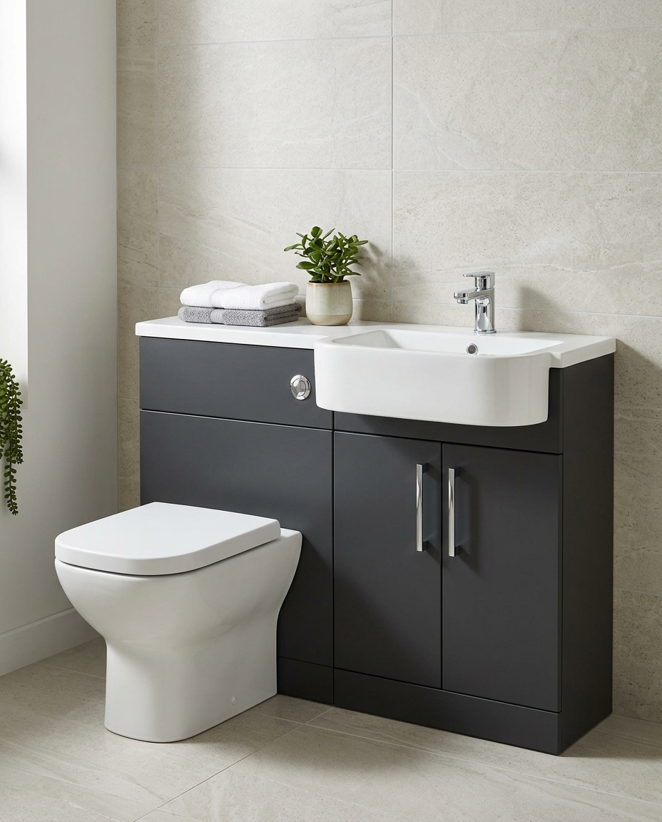Serio 1100mm Combination Vanity & WC Unit with Basin in a bright modern bathroom