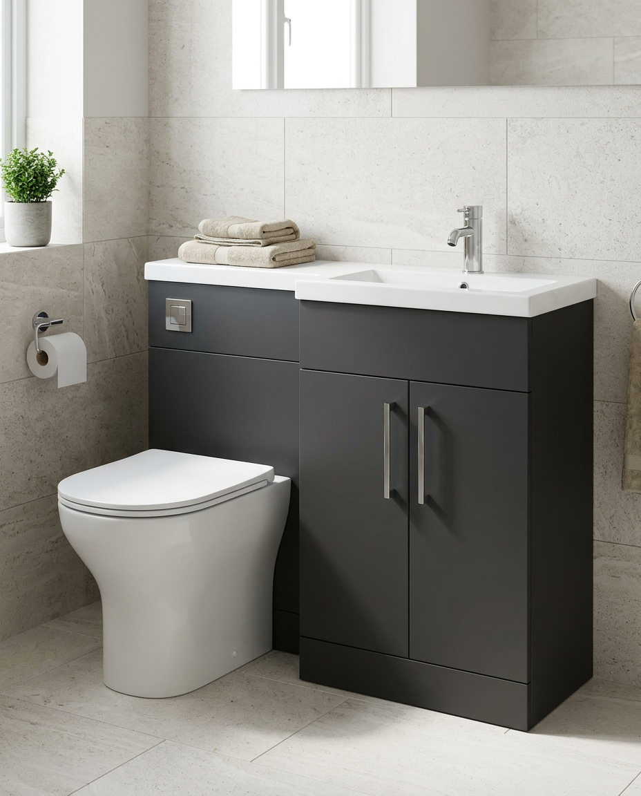 Serio 1100mm L-Shaped Combination Vanity & WC Unit with Basin in a bright modern bathroom
