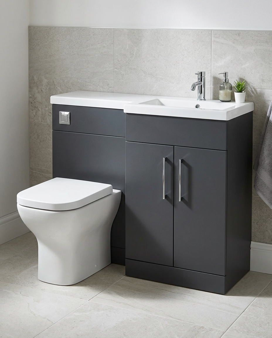 Serio 1200mm L-Shaped Combination Vanity & WC Unit with Basin in a bright modern bathroom