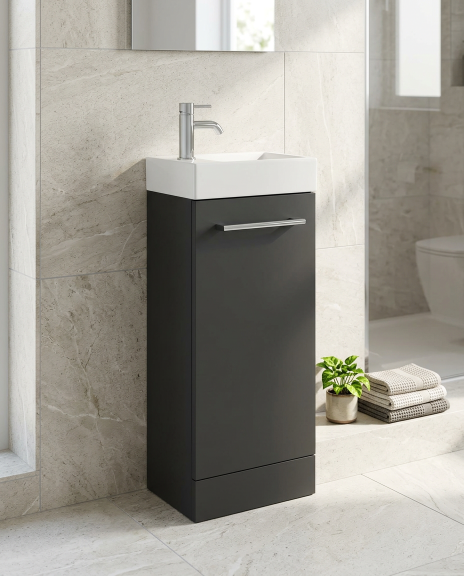 Serio 400mm Floorstanding Vanity Unit & Basin, 1 Door in a bright modern bathroom