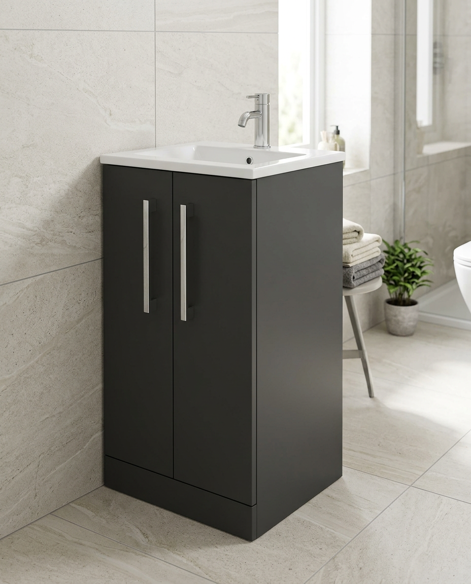 Serio 500mm Floorstanding Vanity Unit & Basin, 2 Doors in a bright modern bathroom