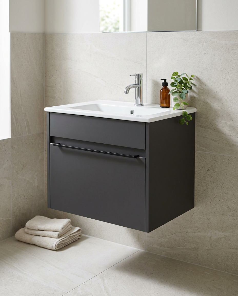 Serio 500mm Wall Hung Vanity Unit & Basin, 1 Drawer in a bright modern bathroom