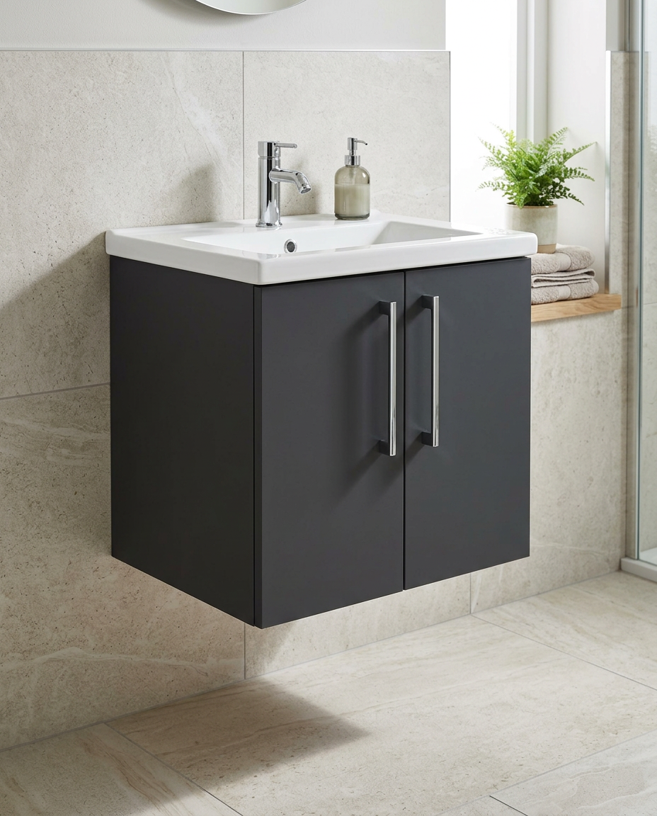 Serio 500mm Wall Hung Vanity Unit & Basin, 2 Doors in a bright modern bathroom