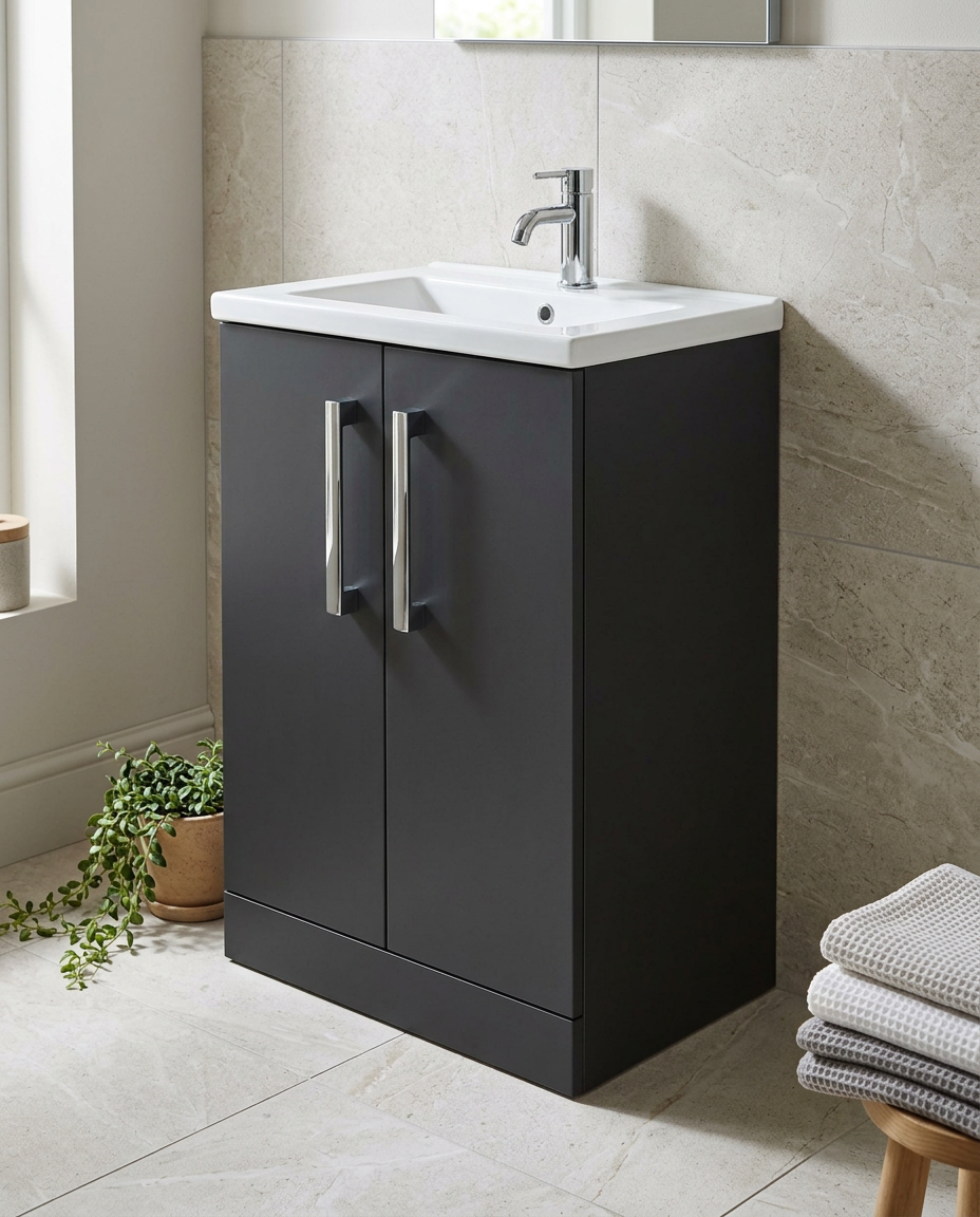 Serio 600mm Floorstanding Vanity Unit & Basin, 2 Doors in a bright modern bathroom