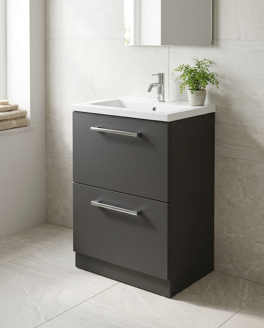 Serio 600mm Floorstanding Vanity Unit & Basin, 2 Drawers in a bright modern bathroom
