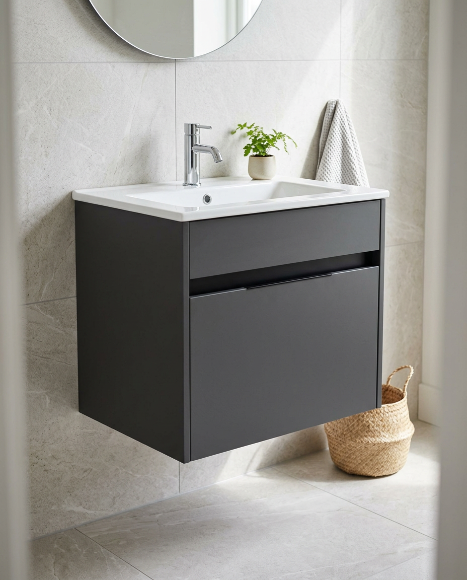 Serio 600mm Wall Hung Vanity Unit & Basin, 1 Drawer in a bright modern bathroom