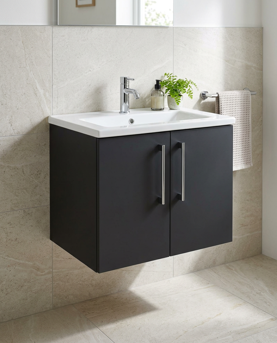 Serio 600mm Wall Hung Vanity Unit & Basin, 2 Doors in a bright modern bathroom