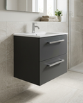 Serio 600mm Wall Hung Vanity Unit & Basin, 2 Drawers in a bright modern bathroom