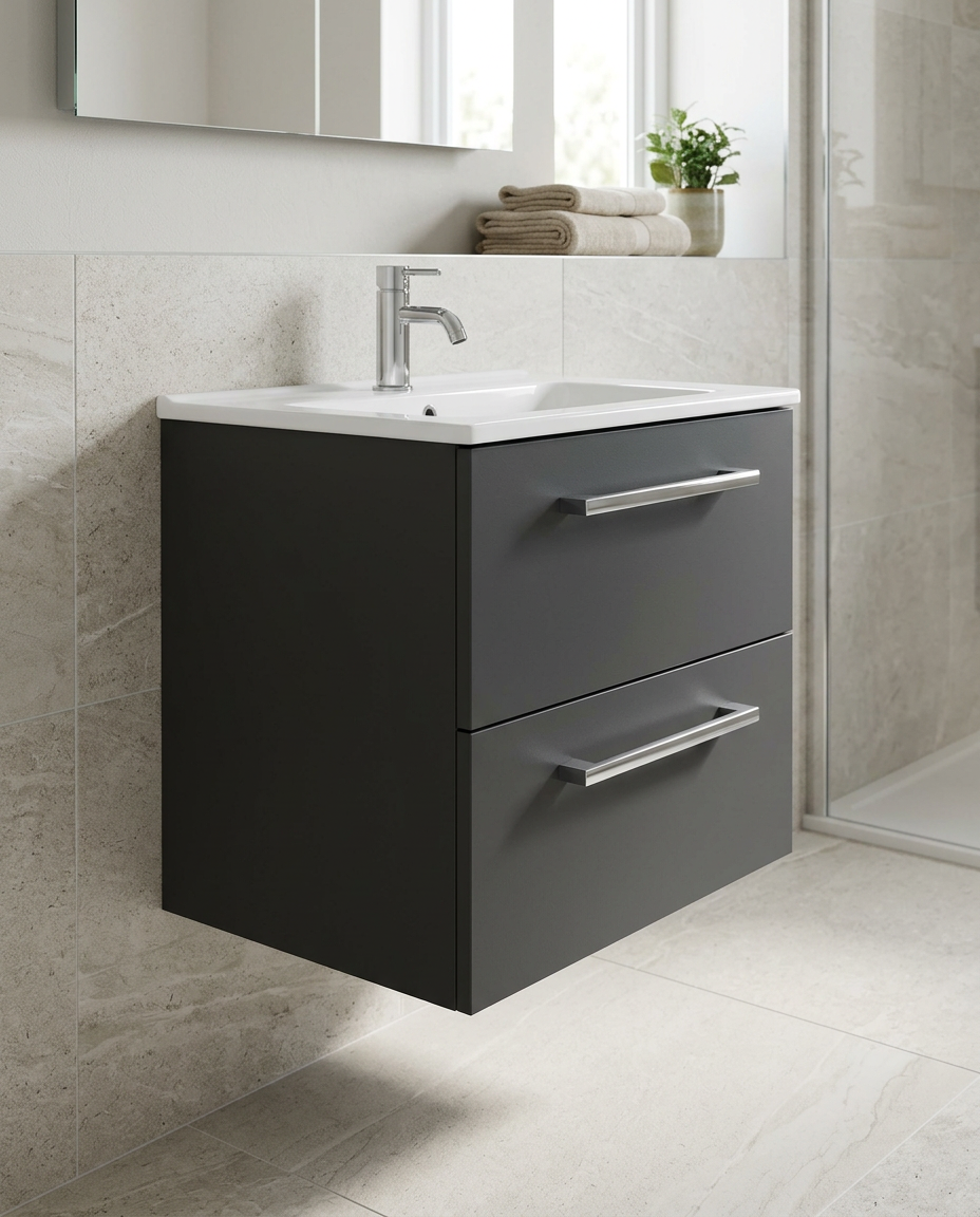 Serio 600mm Wall Hung Vanity Unit & Basin, 2 Drawers in a bright modern bathroom