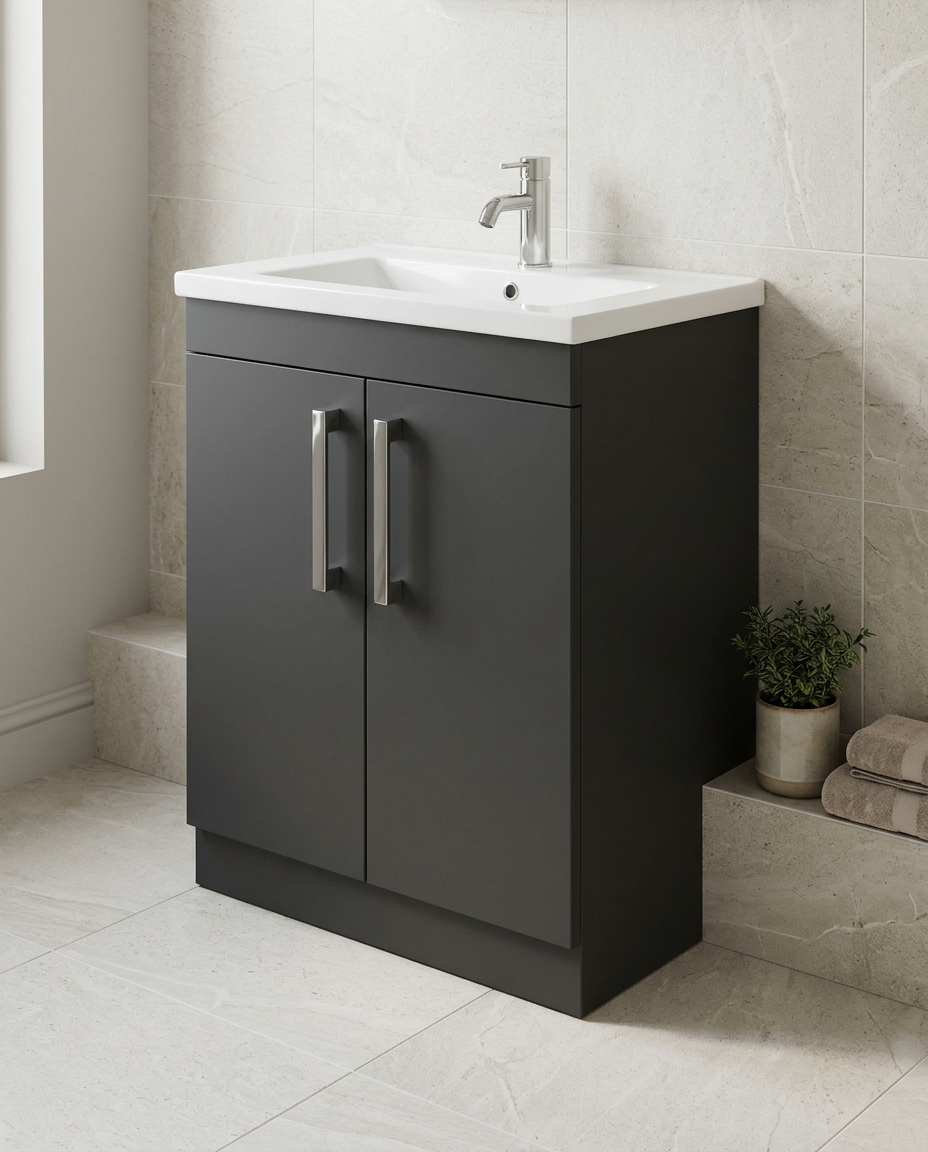 Serio 800mm Floorstanding Vanity Unit & Basin, 2 Doors in a bright modern bathroom