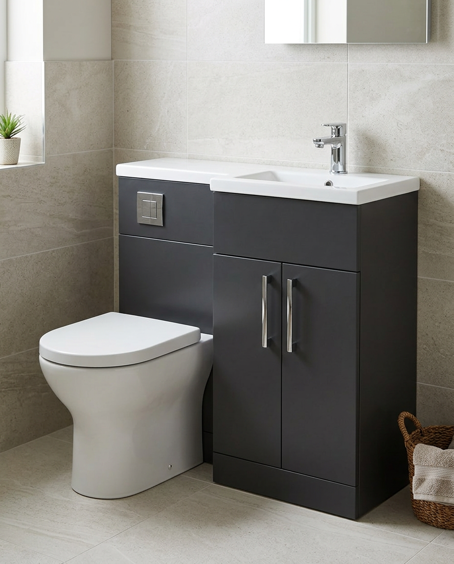Serio 850mm L-Shaped Combination Vanity & WC Unit with Basin in a bright modern bathroom