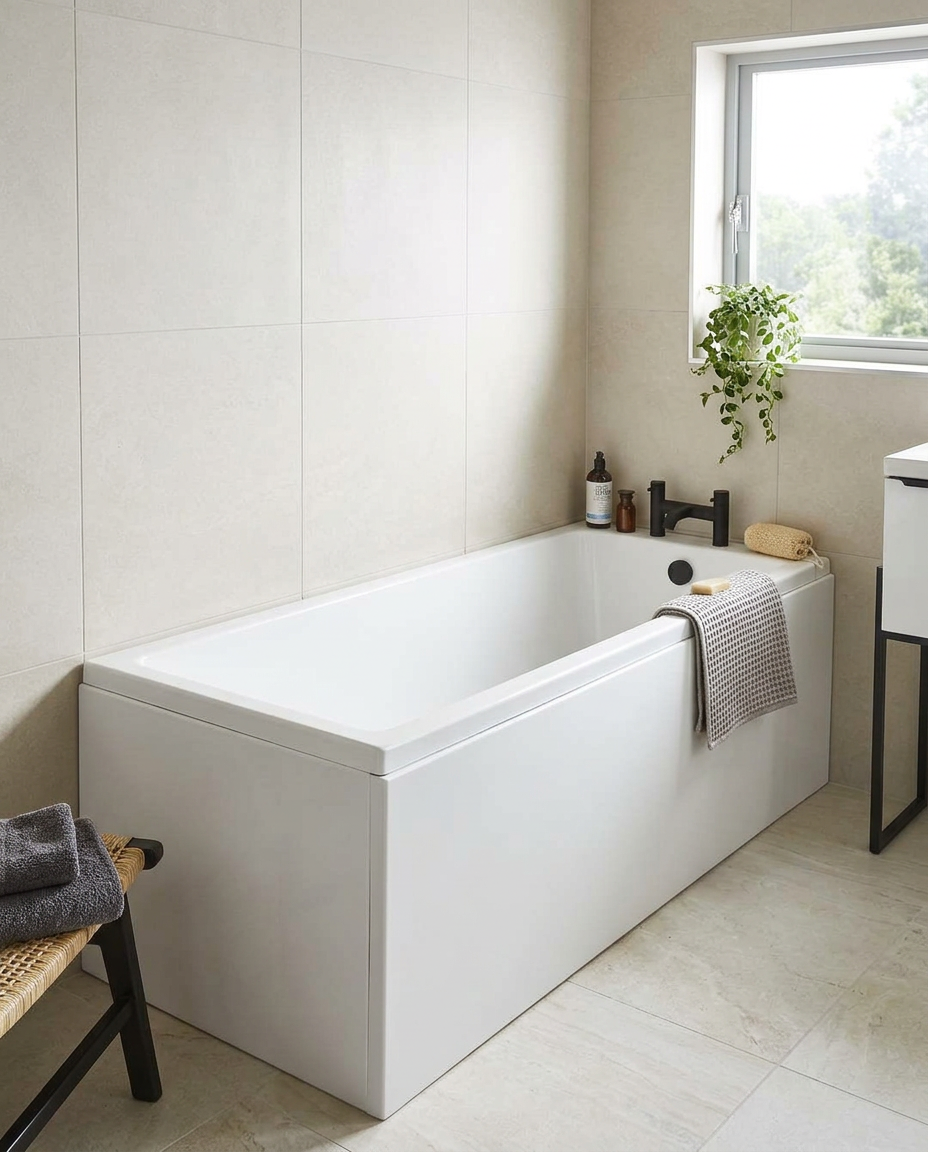 Sevra Single Ended Bath in a bright modern bathroom