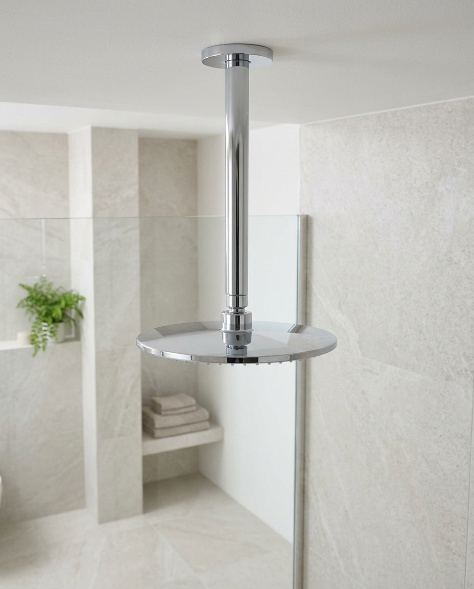 Ceiling & Wall Shower Arms, chrome in a bright modern bathroom