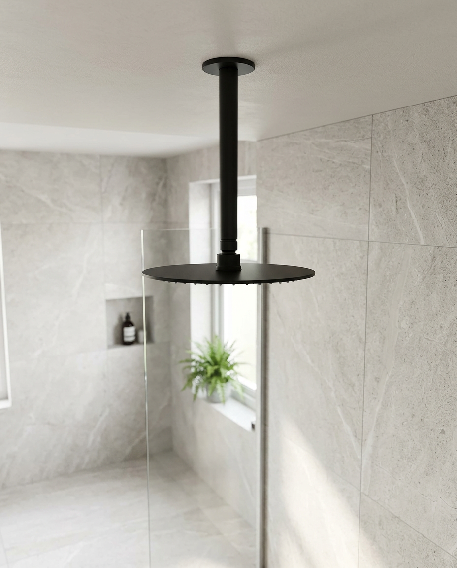 Ceiling & Wall Shower Arms, matt black in a bright modern bathroom