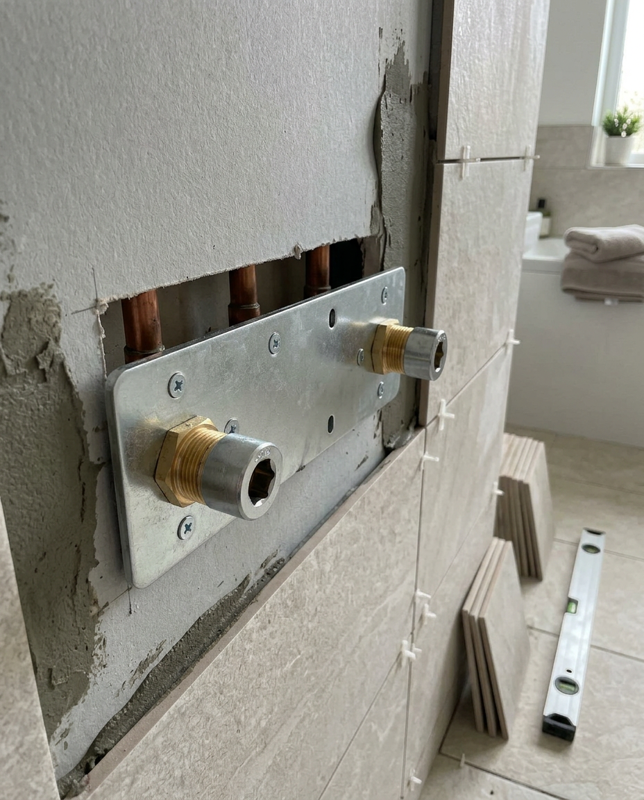 Shower & Douche Fixing Plates being fitted during a bathroom installation