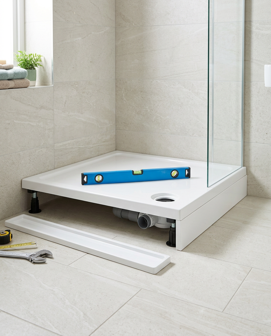 Shower Tray Easy Plumb Kits being fitted during a bathroom installation