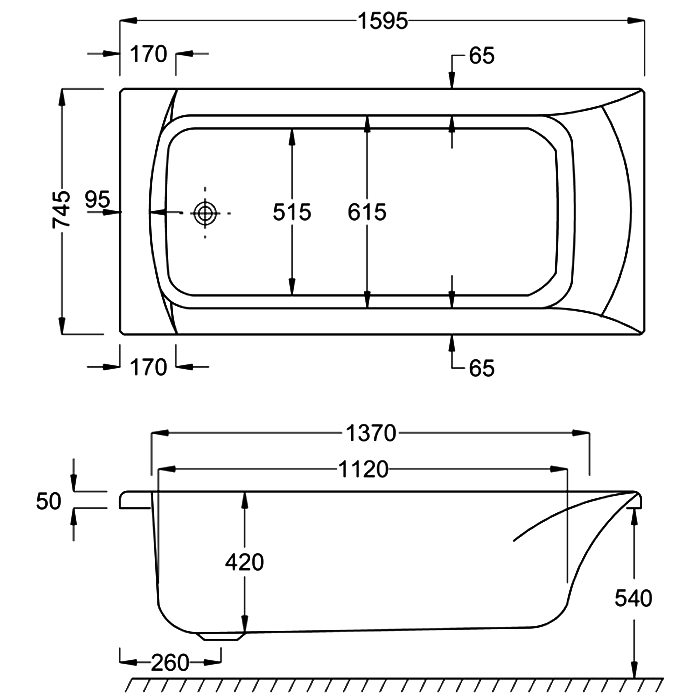Carron Sigma Single Ended Bath, technical drawing