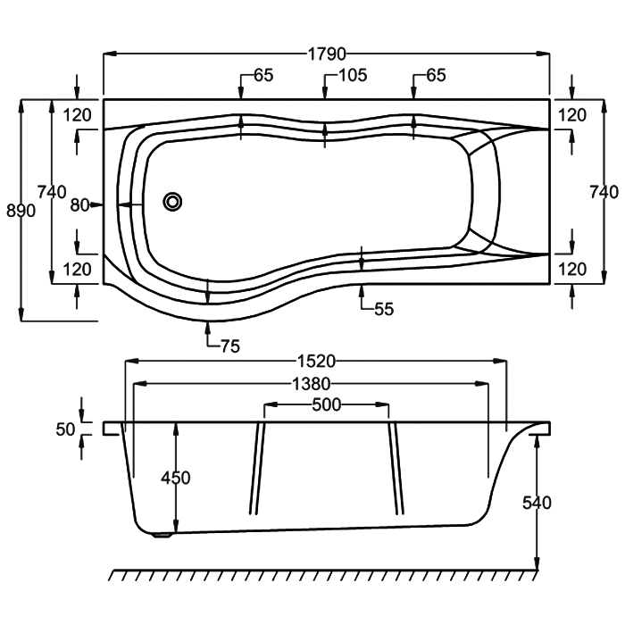 Carron Sigma Shower Bath, technical drawing