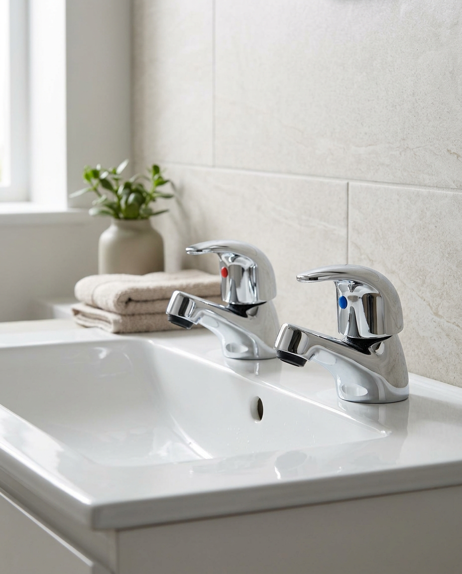 Simplo Basin Taps in a bright modern bathroom