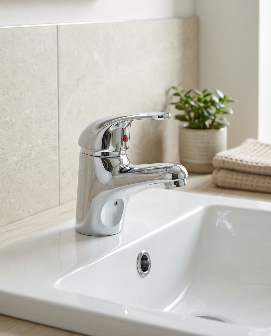 Simplo Mono Basin Mixer in a bright modern bathroom