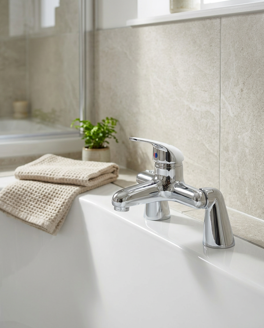 Simplo Single Lever Bath Filler in a bright modern bathroom