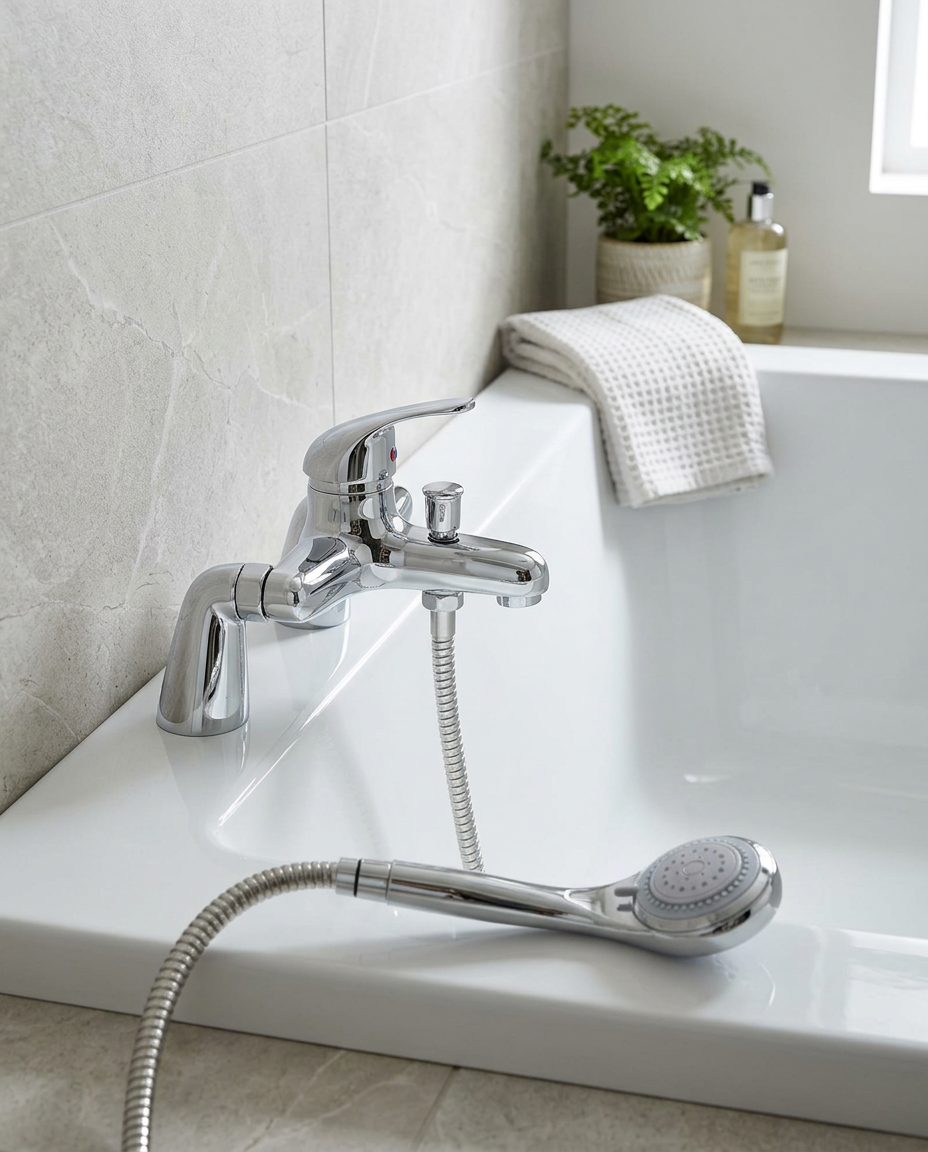 Simplo Single Lever Bath Shower Mixer in a bright modern bathroom