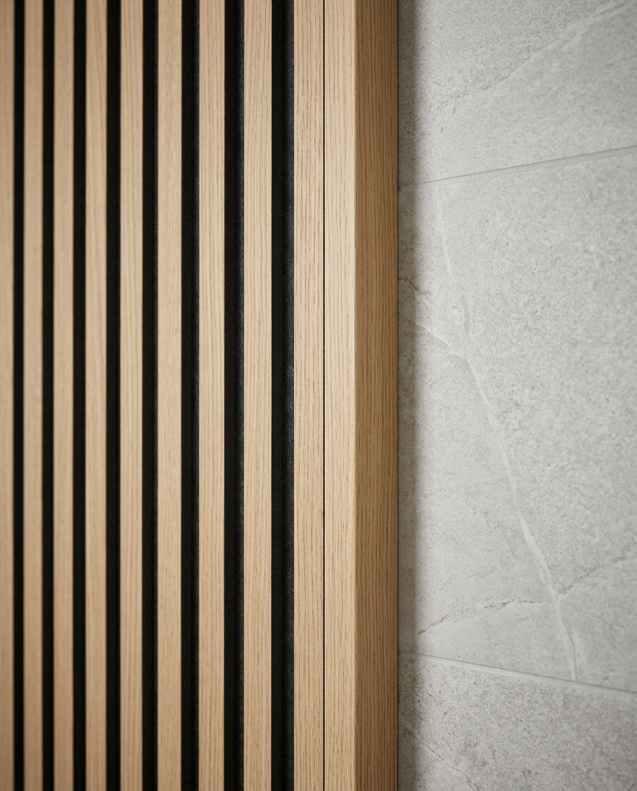 Slatted Wall Panel End Caps in a bright modern bathroom