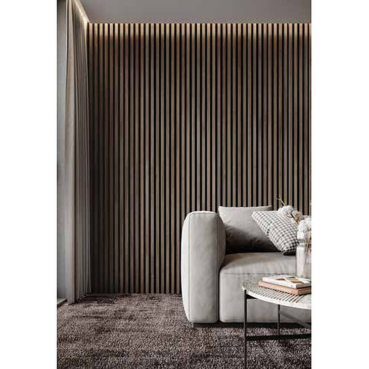 Walnut and black slatted wall panels in a living space