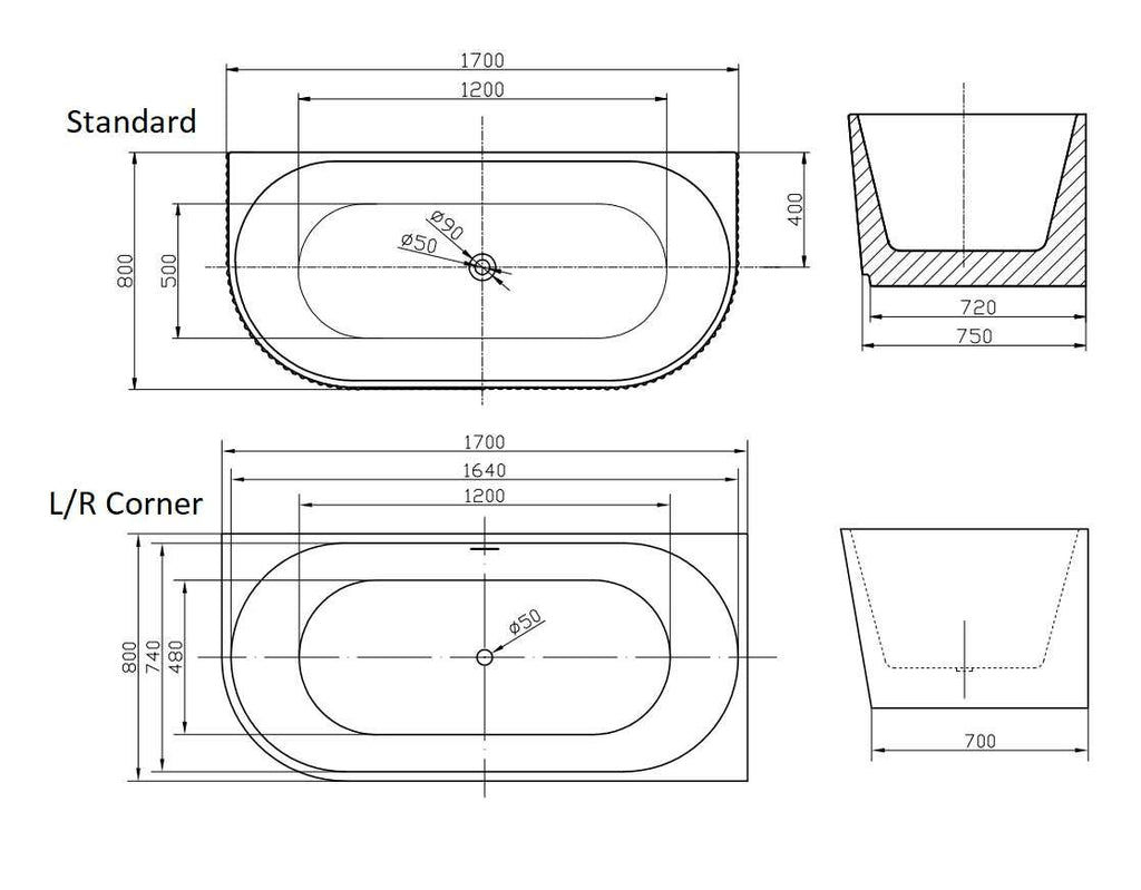 Sofie back-to-wall and corner bath technical drawings