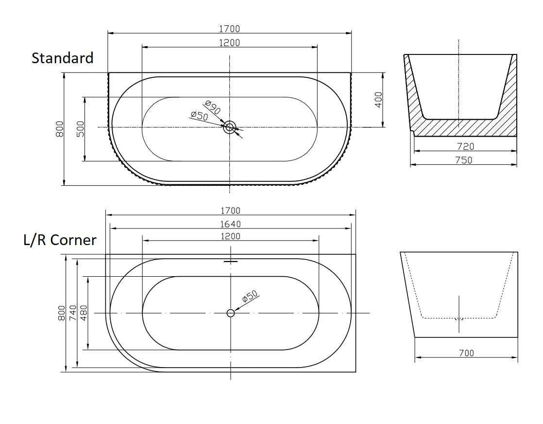Sofie back-to-wall and corner bath technical drawings